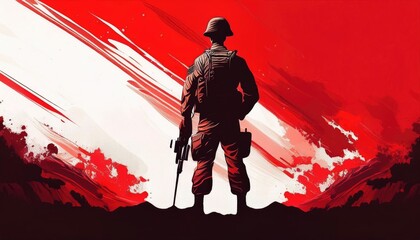 A dramatic silhouette of a soldier standing against a bold red background, symbolizing courage and sacrifice in warfare.