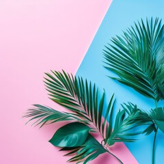 two green leaves on pink and blue background