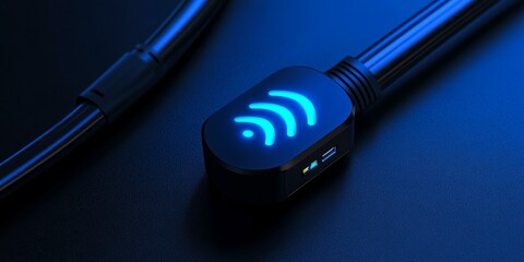 Wall Mural - Blue glowing WiFi symbol on black adapter.