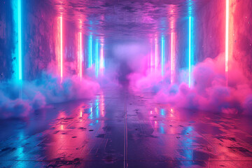 Wall Mural - ultraviolet-lit cyber underground warehouse concrete reflective studio with a sci-fi futuristic smoke fog and neon laser garage room, featuring a blue, pink, and violet in 3d render stock