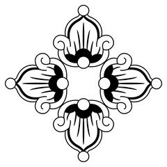 Sticker - Cross shape floral design or frame in old Russian medieval folk style. Geometrical square mandala with four stylized flowers. Black and white silhouette.