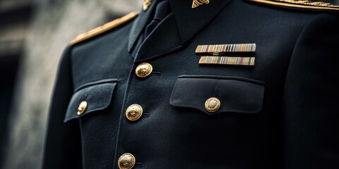 Close-up of a black military uniform with gold buttons and