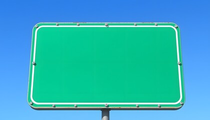 green square aluminum road or highway sign. blank metal board. round steel pole. fastening bolts. background and base for graphic design or billboard. blue sky. empty sign. mockup base. white border