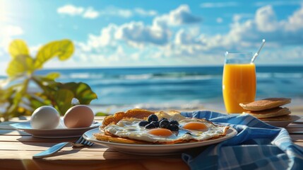 Blueberry pancake in plate on table with ocean view