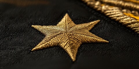 Embroidered gold star on black fabric.