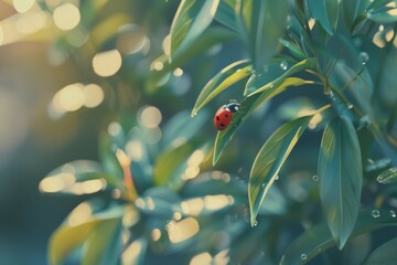 A bright red ladybug is delicately perched on a droplet-covered green leaf with a dreamy, bokeh background bathed in soft golden light.