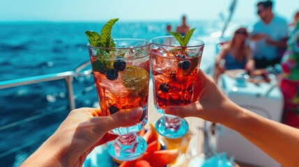 Summer drink with blueberry fruit on yacht deck