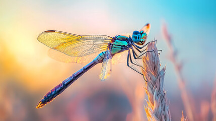 Poster - Dragonfly Perched on Grass Blade in Summer Sunlight