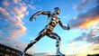 © arri - Chrome Statue of a Man Running with Thumbs Up Against a Cloudy Sky