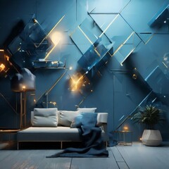 Wall Mural - modern living room with sofa and large blue wall