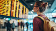 © alfa27 - A woman wearing glasses and a backpack is looking at a large display of flight information. She is waiting for a flight or checking the schedule. Concept of anticipation and travel
