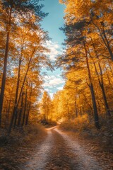 Wall Mural - The most beautiful autumn landscape. A panoramic forest nature. A glorious dawn in an orange golden forest with golden leaves trees. An idyllic sunset, a dream fantasy path to the horizon. A