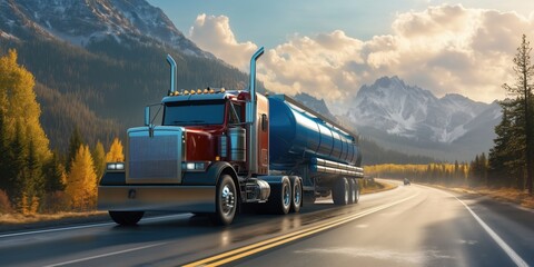 Oil and gas truck on a sunny summer or autumn day on the road at sunset freight transportation shipping services