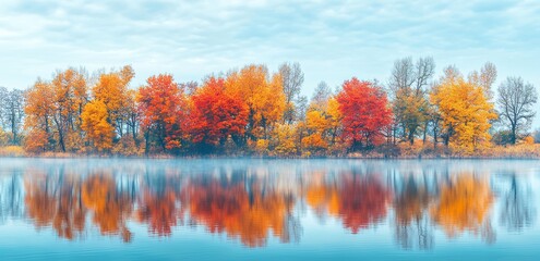 Autumn leaves frame a forest and lake