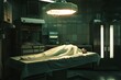 © Victor Bertrand - A sterile, cold mortuary room with a body under a white sheet illuminated by a harsh overhead light.
