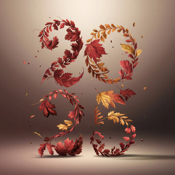 Year 2025 with tropical leaves and flowers on beige background
