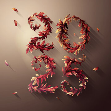 Year 2025 with tropical leaves and flowers on beige background