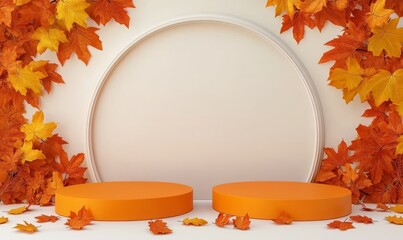 Poster - A circle round stand with maple leaf orange red yellow color showcase pedestal display decoration for thanksgiving thanksgiving platform presentation cosmetic season natural and minimal texture.