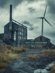 Poster - Old coal mines are replaced by wind turbines, showcasing a transition from industrial decay to renewable energy innovation. Generative AI