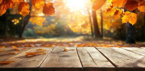 Poster - A table with orange leaves and wooden planks at sunset in a forest, Stocke