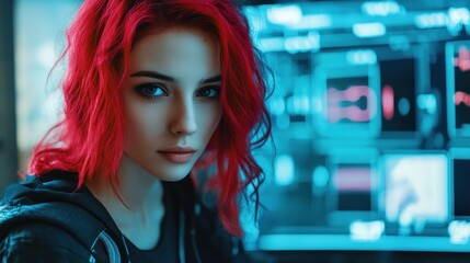 A female programmer with short red hair in front of the screen background wallpaper AI generated image