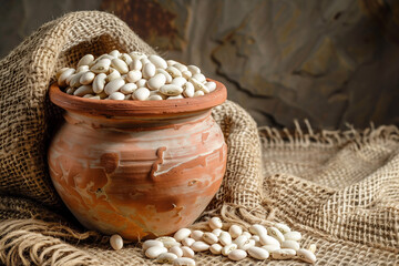 Poster - White beans in a clay pot on a jute background.