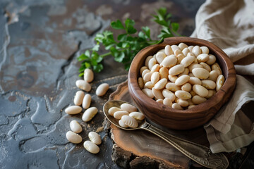 Poster - White beans in a wooden bowl with a vintage spoon.