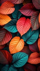 Wall Mural - Fall leaves arranged in a gradient of green to deep red, illustrating the season's change