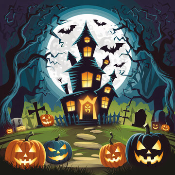 Happy Halloween banner. Halloween pumpkins and bats. Vector illustration.