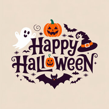 Happy Halloween banner. Halloween pumpkins and bats. Vector illustration.