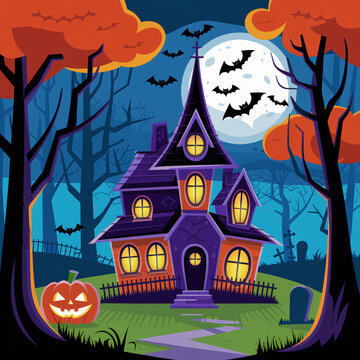 Happy Halloween banner. Halloween pumpkins and bats. Vector illustration.