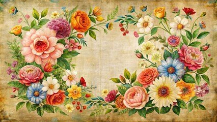 Poster - Vibrant, delicately illustrated flowers bloom around a distressed, cream-colored border on a textured canvas, creating a charming, vintage-inspired art piece perfect for rustic home decor.