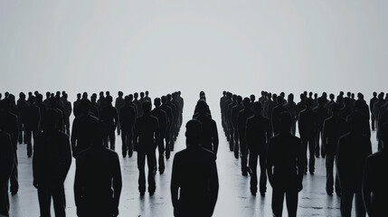 A vast expanse of identical dark silhouettes of people, standing closely together