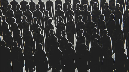 A vast expanse of identical dark silhouettes of people, standing closely together