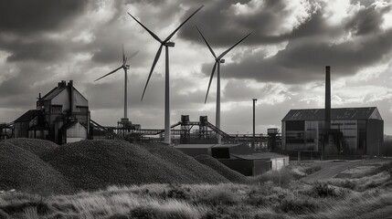 Poster - Wind turbines stand tall against a backdrop of abandoned coal mines and factories, showcasing the shift to renewable energy. Generative AI