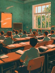 Poster - Students attentively focus in a crowded classroom filled with old textbooks and limited supplies, highlighting the need for educational reform. Generative AI