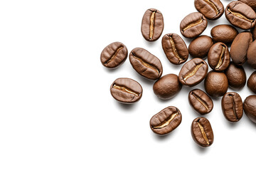 Close-up of roasted coffee beans scattered on a transparent background, highlighting their rich brown color and texture