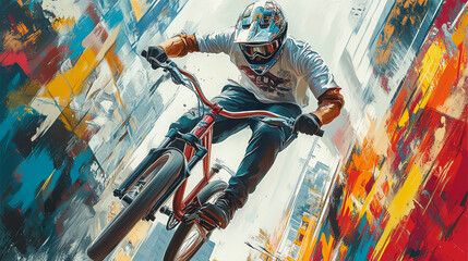 cyclist performing a stunt in front of colorful street art, hyperdetailed rendering, bold graffiti, 