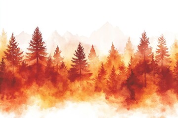 A watercolor illustration depicting a colorful autumn forest dominated by red and yellow foliage against dark pines.