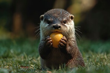 Wall Mural - Close-up of a Young Otter Holding a Yellow Ball in Its Paws