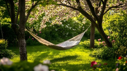 A hammock hanging from two trees in the garden, surrounded by blooming flowers and green grass