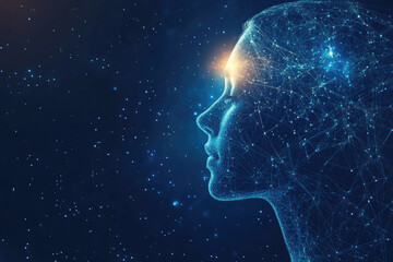 Aufkleber - Artificial intelligence concept with a human head made of connecting lines and dots representing the neural network, symbolizing the future of ai