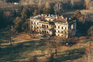 Aerial shot of a grand, decaying mansion amidst a wintry, sparse landscape, evoking a sense of forgotten grandeur and past eras.