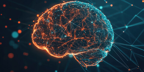 Aufkleber - Glowing brain made of points and lines is connecting to a network symbolizing artificial intelligence and machine learning