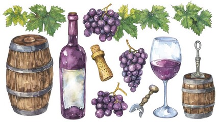 Drawing painting of grape wine bottle glass barrel