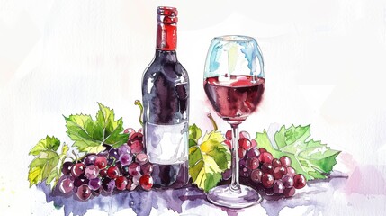 Fresh grape, grape wine bottle and glass. Painting drawing