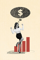 Poster - Vertical poster collage young businesswoman celebrate success charts money finance dollar currency trader salary investor