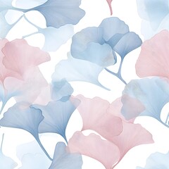 Wall Mural - A seamless pattern of pastel-colored ginkgo leaves, in soft pinks and blues, arranged to form an abstract floral design on a white background. 