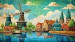 © Man888 - Vibrant illustration of the Netherlands' geography, featuring iconic windmills, canals, and landmarks, set against a bright blue background with subtle grunge texture.