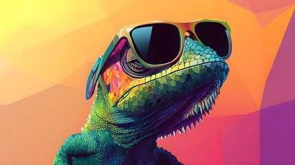 Wall Mural - chameleon wearing sunglasses on a solid color background, vector art, digital art, faceted, minimal, abstract, panorama background.